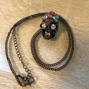 Fun Dia de los Muertos skull necklace sparkly rhinestone eyes